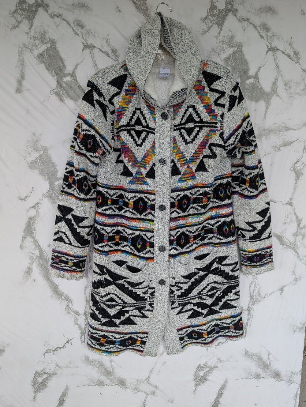 Northern Angel Aztec Multicolor Grey Sherpa Lined Hooded Button Up Sweater Lg